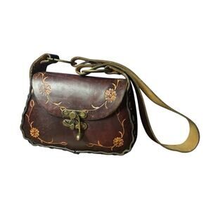 Vintage 60s 70s Hand Tooled Brown Leather Mexican Shoulder Bag Purse Boho Floral